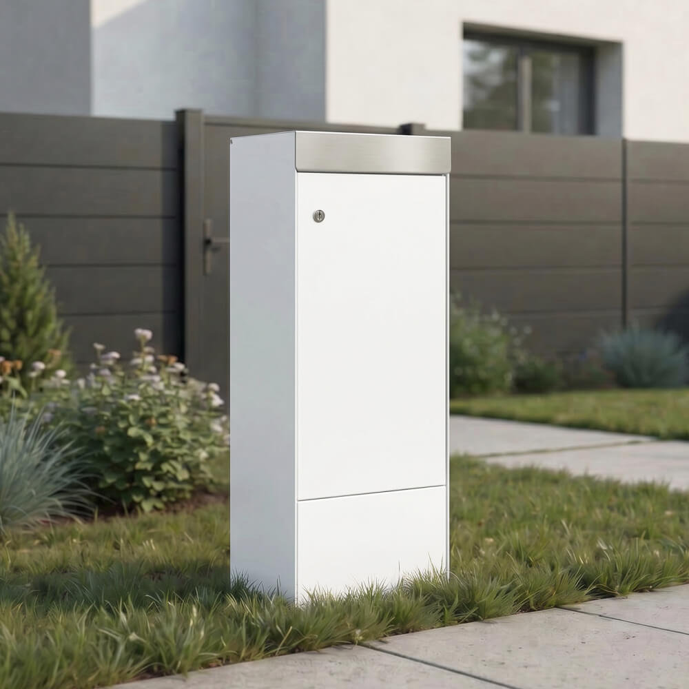 Paketbox Edge in Weiss freistehende Montage